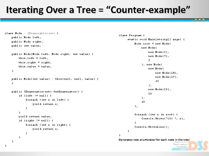 Iterating Over a Tree = “Counter-example” class Node public : IEnumerable<int> { Node left;