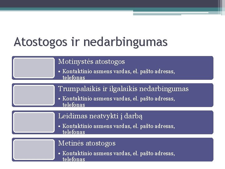 Atostogos ir nedarbingumas Motinystės atostogos • Kontaktinio asmens vardas, el. pašto adresas, telefonas Trumpalaikis