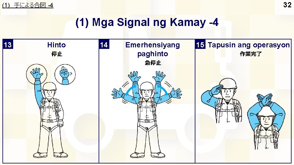 (1) 手による合図 -4 32 (1) Mga Signal ng Kamay -4 13 Hinto 停止 14