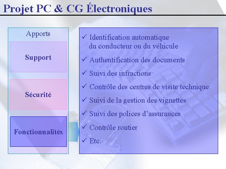 Projet PC & CG Électroniques Apports ü Identification automatique du conducteur ou du véhicule