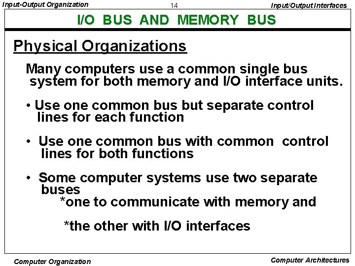 Input-Output Organization 14 Input/Output Interfaces I/O BUS AND MEMORY BUS Physical Organizations Many computers