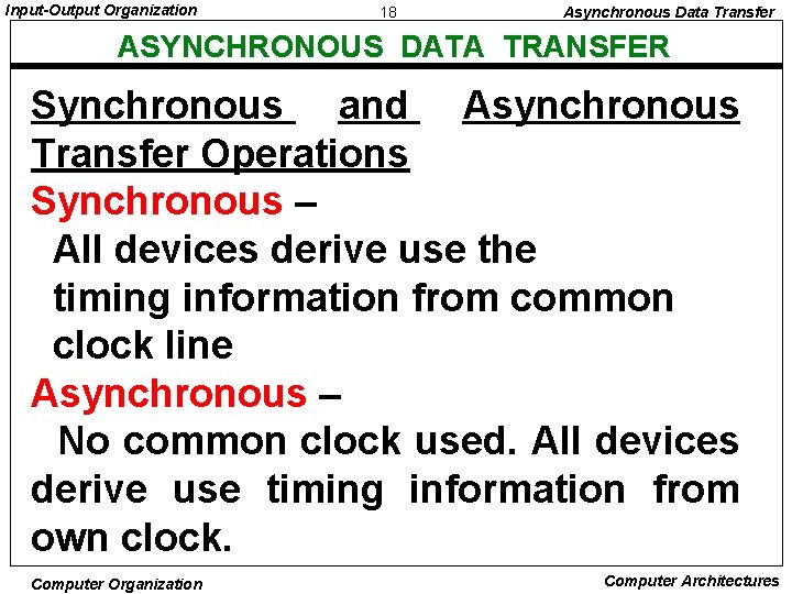 Input-Output Organization 18 Asynchronous Data Transfer ASYNCHRONOUS DATA TRANSFER Synchronous and Asynchronous Transfer Operations