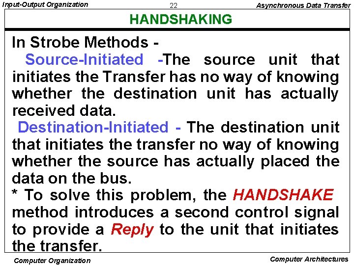 Input-Output Organization 22 Asynchronous Data Transfer HANDSHAKING In Strobe Methods Source-Initiated -The source unit