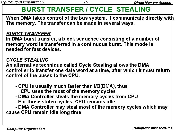 Input-Output Organization 49 Direct Memory Access BURST TRANSFER / CYCLE STEALING When DMA takes