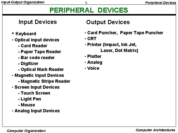 Input-Output Organization 6 Peripheral Devices PERIPHERAL DEVICES Input Devices • Keyboard • Optical input