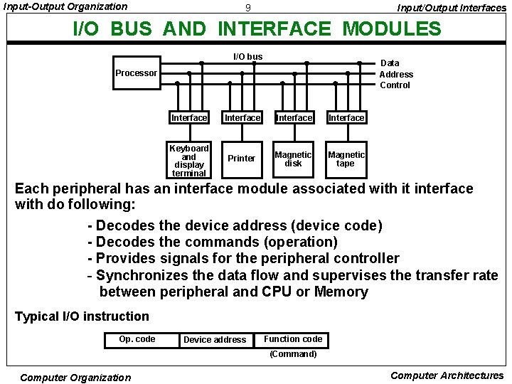 Input-Output Organization 9 Input/Output Interfaces I/O BUS AND INTERFACE MODULES I/O bus Data Address