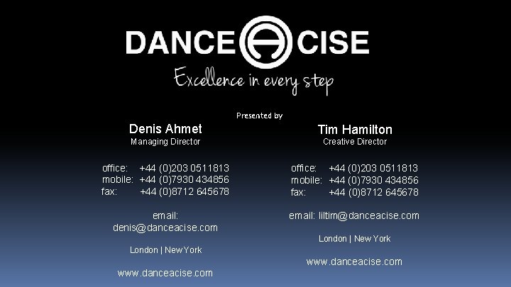 Presented by Denis Ahmet Tim Hamilton Managing Director Creative Director office: +44 (0)203 0511813