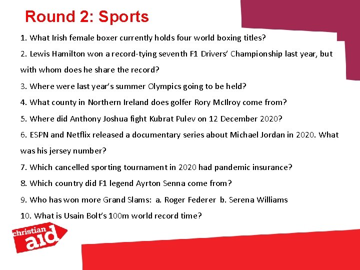 Round 2: Sports 1. What Irish female boxer currently holds four world boxing titles?