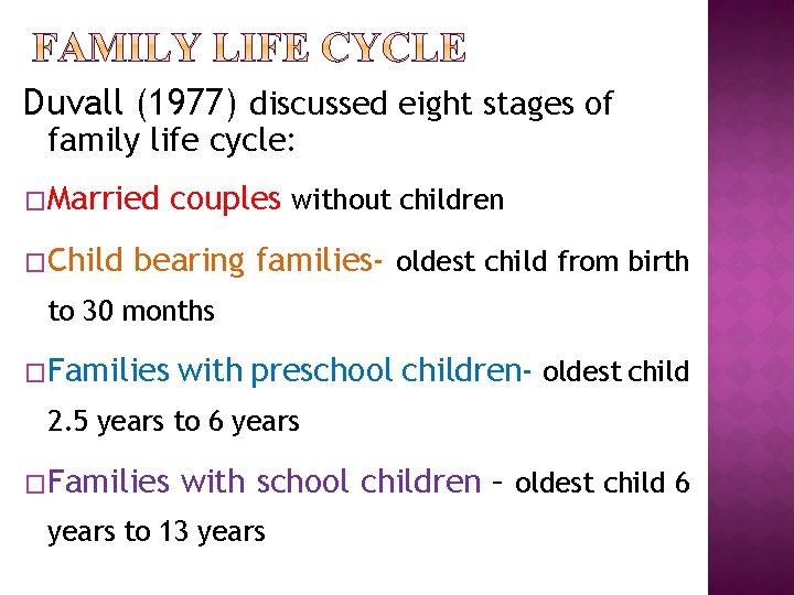 Duvall (1977) discussed eight stages of family life cycle: �Married �Child couples without children