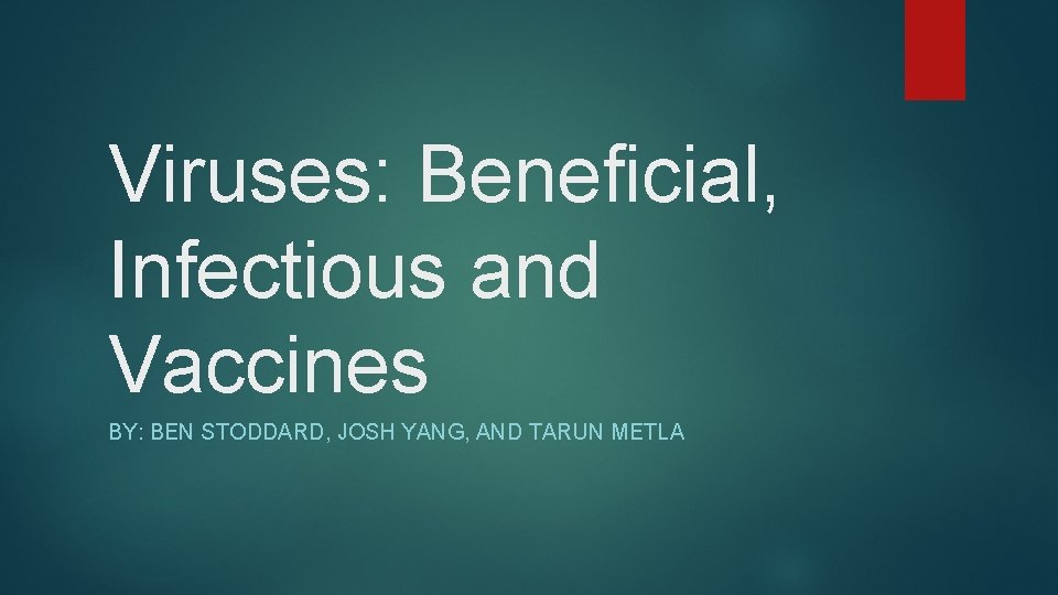 Viruses: Beneficial, Infectious and Vaccines BY: BEN STODDARD, JOSH YANG, AND TARUN METLA 