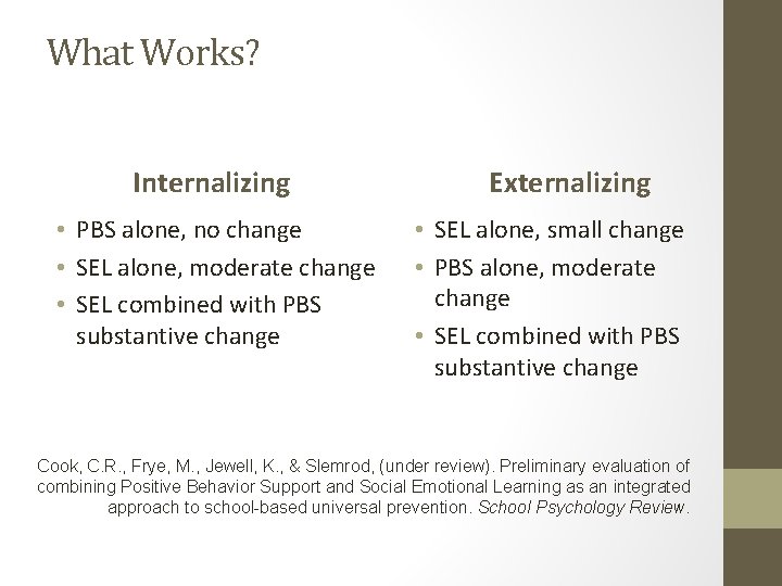 What Works? Internalizing • PBS alone, no change • SEL alone, moderate change •