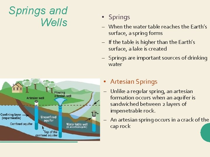 Springs and Wells • Springs – When the water table reaches the Earth’s surface,