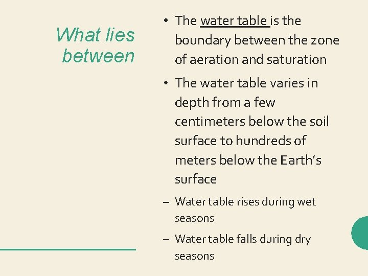 What lies between • The water table is the boundary between the zone of