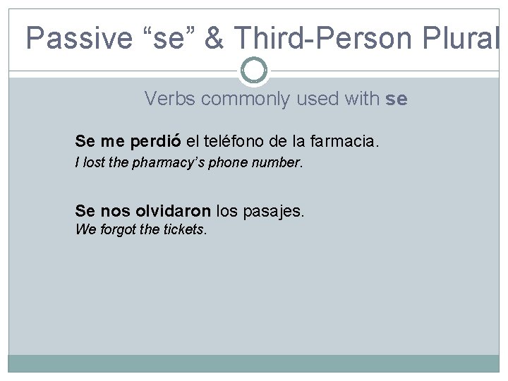 Passive “se” & Third-Person Plural Verbs commonly used with se Se me perdió el