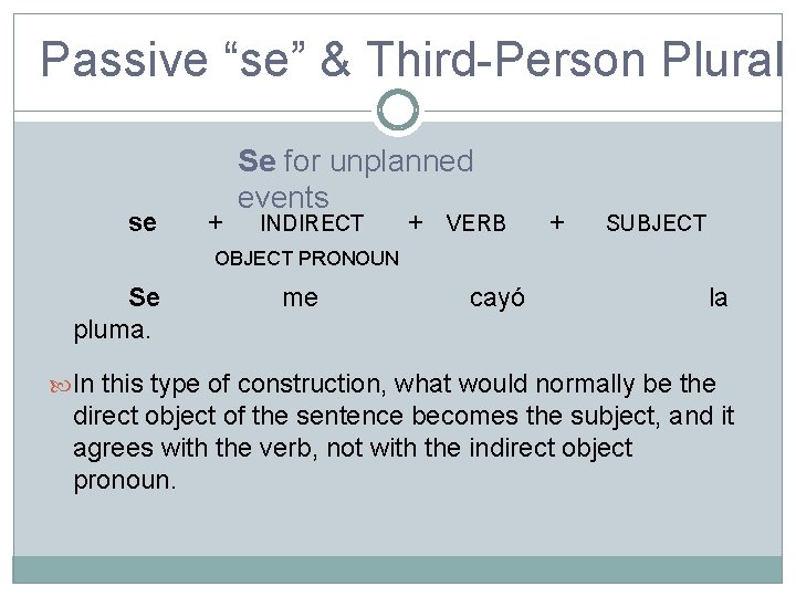 Passive “se” & Third-Person Plural se + Se for unplanned events INDIRECT + VERB