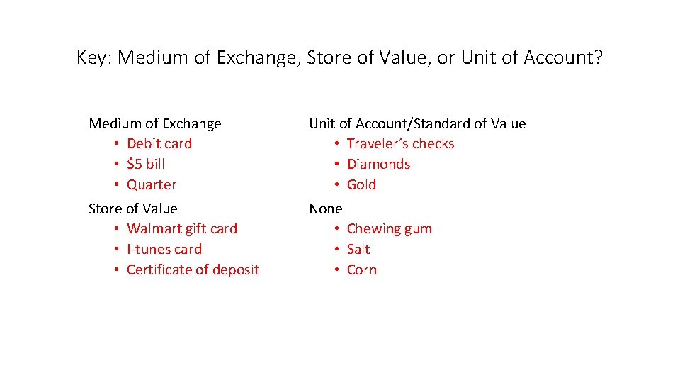 Key: Medium of Exchange, Store of Value, or Unit of Account? Medium of Exchange