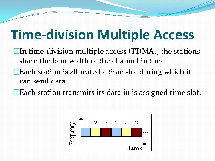 Time-division Multiple Access �In time-division multiple access (TDMA), the stations share the bandwidth of