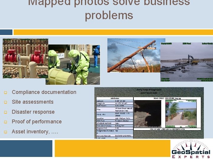 Mapped photos solve business problems q Compliance documentation q Site assessments q Disaster response