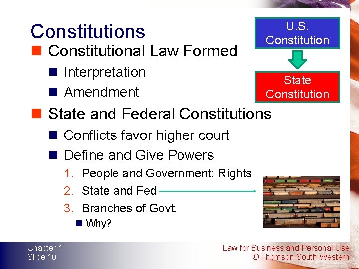 Constitutions U. S. Constitution n Interpretation n Amendment State Constitution n Constitutional Law Formed