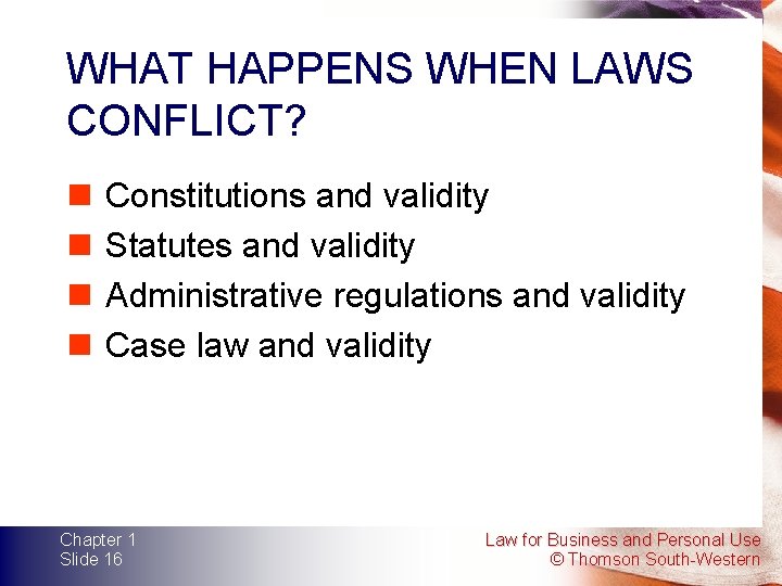 WHAT HAPPENS WHEN LAWS CONFLICT? n n Constitutions and validity Statutes and validity Administrative