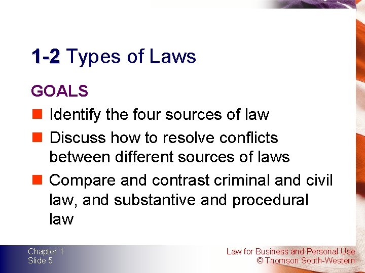 1 -2 Types of Laws GOALS n Identify the four sources of law n