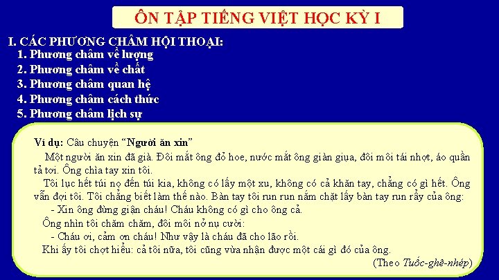ÔN TẬP TIẾNG VIỆT HỌC KỲ I I. CÁC PHƯƠNG CH M HỘI THOẠI: