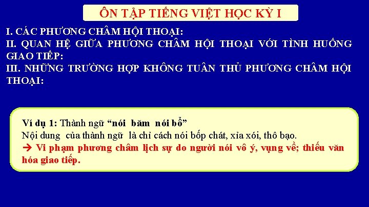 ÔN TẬP TIẾNG VIỆT HỌC KỲ I I. CÁC PHƯƠNG CH M HỘI THOẠI: