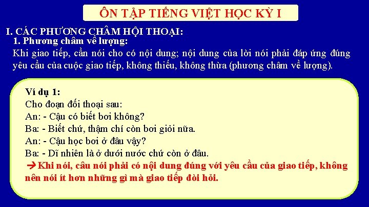 ÔN TẬP TIẾNG VIỆT HỌC KỲ I I. CÁC PHƯƠNG CH M HỘI THOẠI: