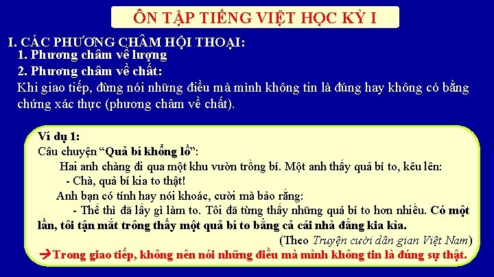 ÔN TẬP TIẾNG VIỆT HỌC KỲ I I. CÁC PHƯƠNG CH M HỘI THOẠI: