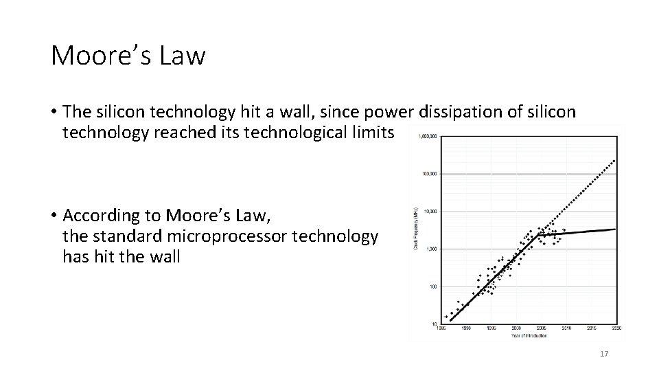 Moore’s Law • The silicon technology hit a wall, since power dissipation of silicon