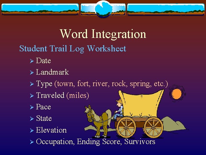 Word Integration Student Trail Log Worksheet Ø Date Ø Landmark Ø Type (town, fort,