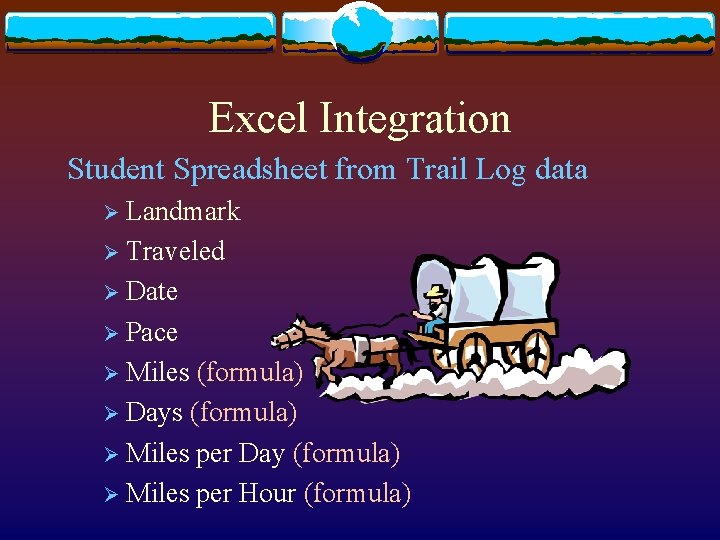 Excel Integration Student Spreadsheet from Trail Log data Ø Landmark Ø Traveled Ø Date