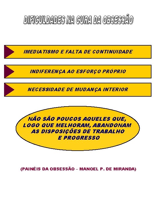 IMEDIATISMO E FALTA DE CONTINUIDADE INDIFERENÇA AO ESFORÇO PRÓPRIO NECESSIDADE DE MUDANÇA INTERIOR NÃO