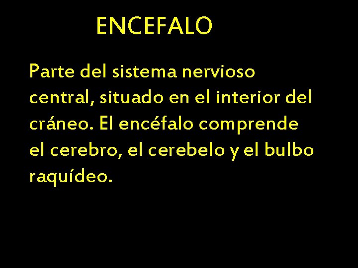 ENCEFALO Parte del sistema nervioso central, situado en el interior del cráneo. El encéfalo