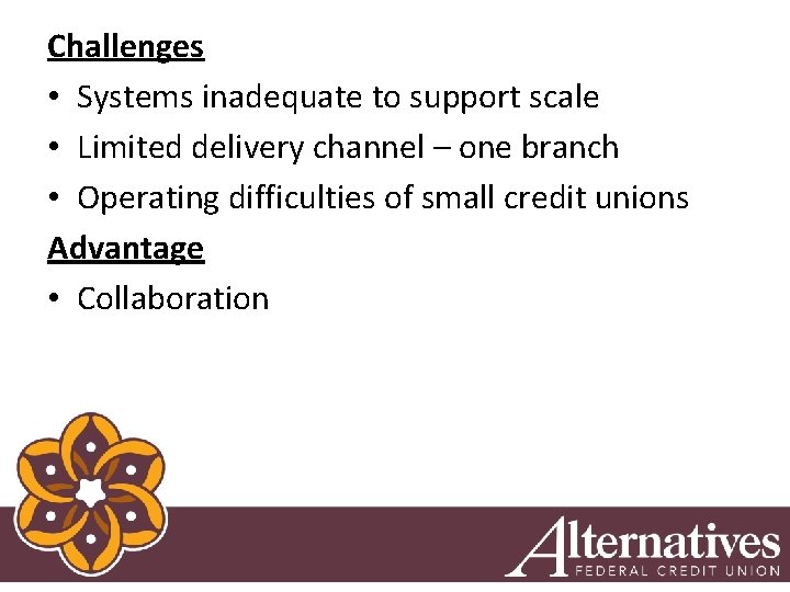 Challenges • Systems inadequate to support scale • Limited delivery channel – one branch