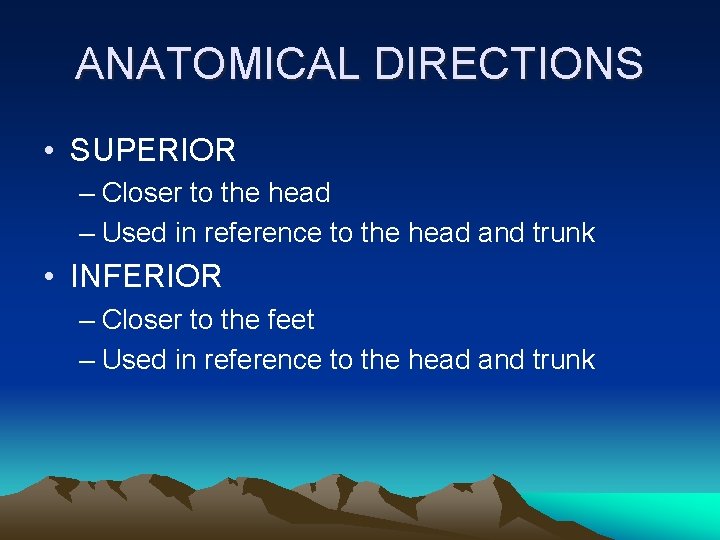 ANATOMICAL DIRECTIONS • SUPERIOR – Closer to the head – Used in reference to