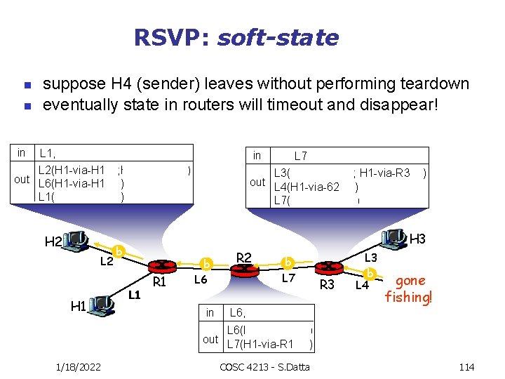 RSVP: soft-state n n suppose H 4 (sender) leaves without performing teardown eventually state