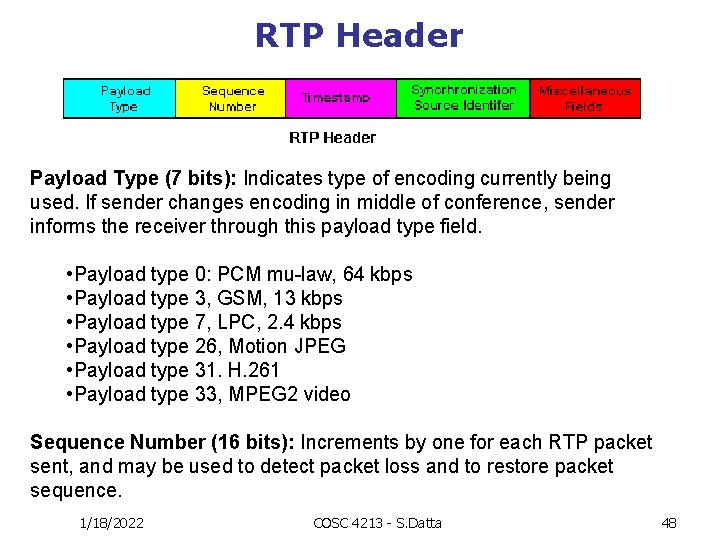 RTP Header Payload Type (7 bits): Indicates type of encoding currently being used. If