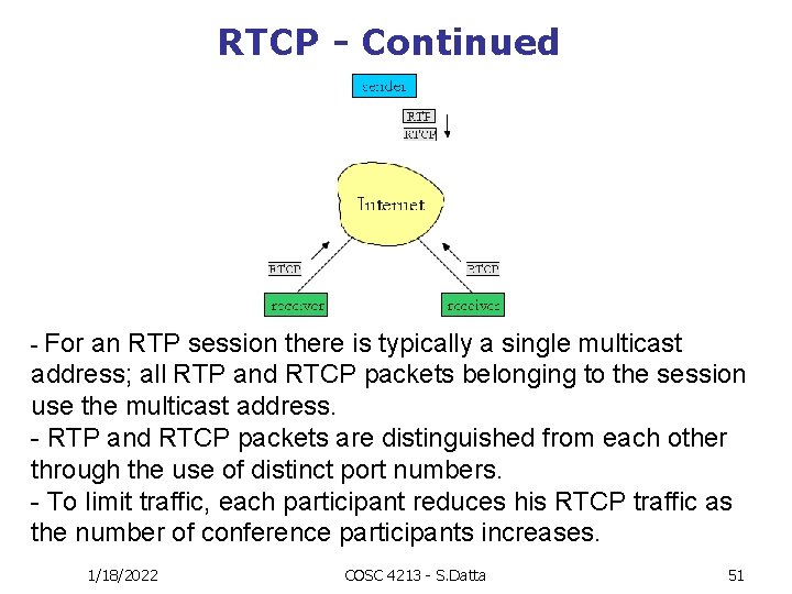 RTCP - Continued - For an RTP session there is typically a single multicast