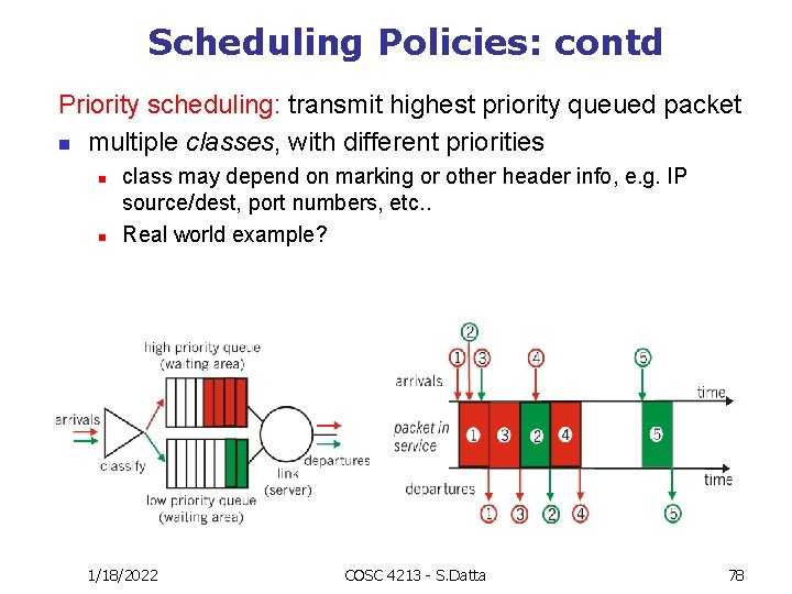 Scheduling Policies: contd Priority scheduling: transmit highest priority queued packet n multiple classes, with