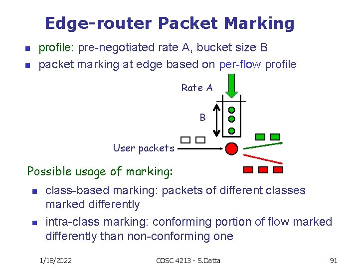 Edge-router Packet Marking profile: pre-negotiated rate A, bucket size B packet marking at edge