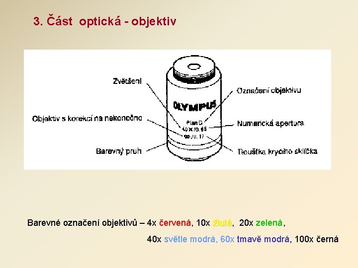 3. Část optická - objektiv Barevné označení objektivů – 4 x červená, 10 x