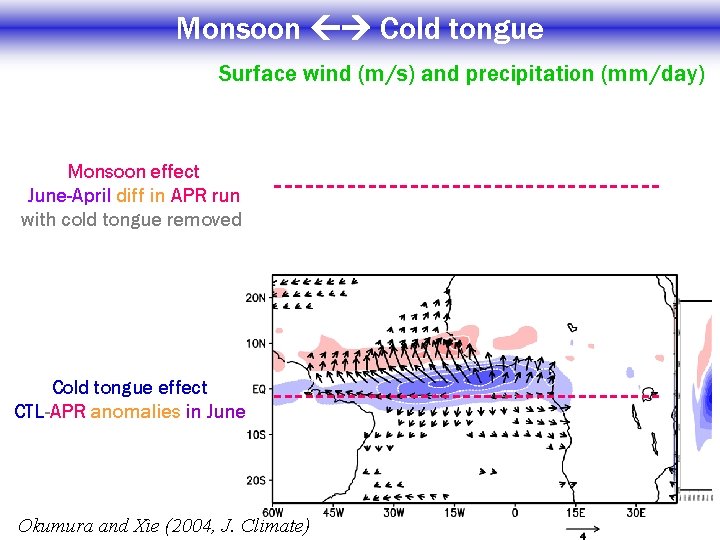 Monsoon Cold tongue Surface wind (m/s) and precipitation (mm/day) Monsoon effect June-April diff in