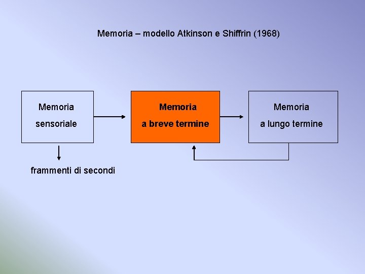 Memoria – modello Atkinson e Shiffrin (1968) Memoria sensoriale frammenti di secondi Memoria a