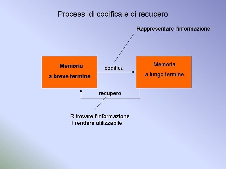 Processi di codifica e di recupero Rappresentare l’informazione Memoria codifica Memoria a lungo termine