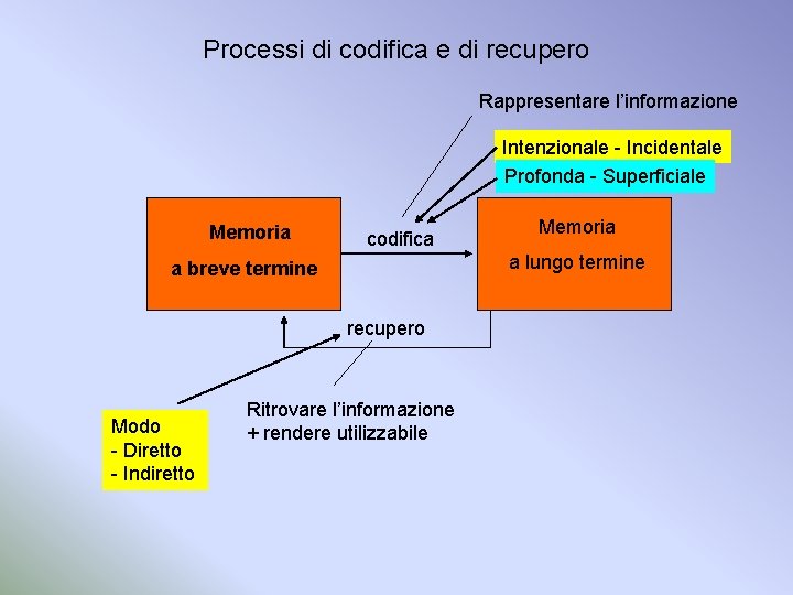 Processi di codifica e di recupero Rappresentare l’informazione Intenzionale - Incidentale Profonda - Superficiale