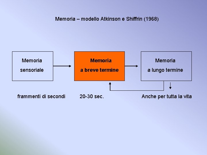 Memoria – modello Atkinson e Shiffrin (1968) Memoria sensoriale frammenti di secondi Memoria a