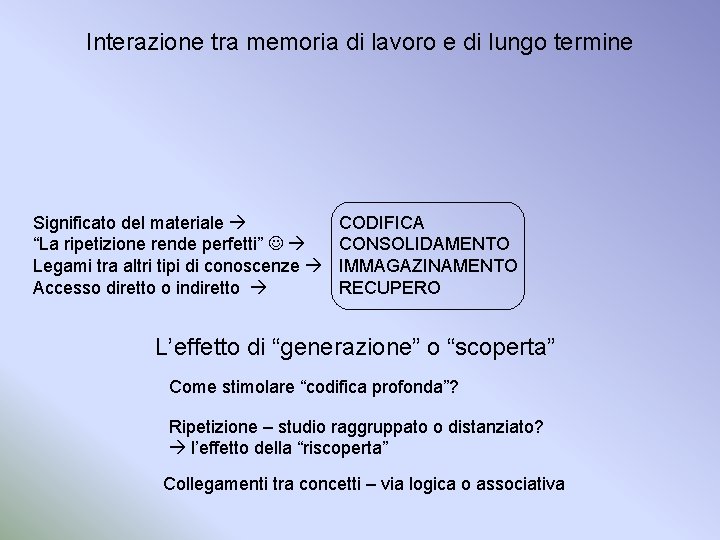 Interazione tra memoria di lavoro e di lungo termine Significato del materiale “La ripetizione