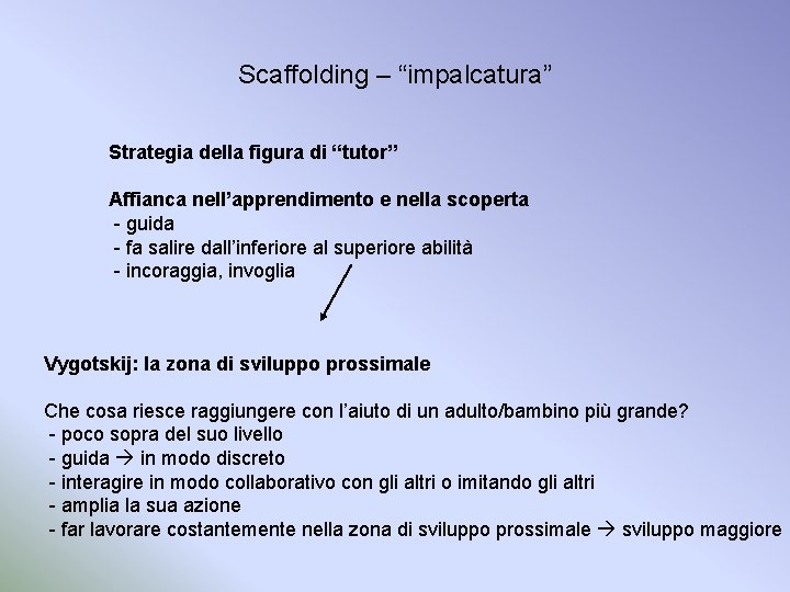 Scaffolding – “impalcatura” Strategia della figura di “tutor” Affianca nell’apprendimento e nella scoperta -