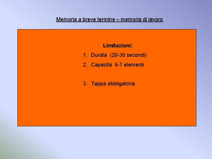 Memoria a breve termine – memoria di lavoro Limitazioni: 1. Durata (20 -30 secondi)